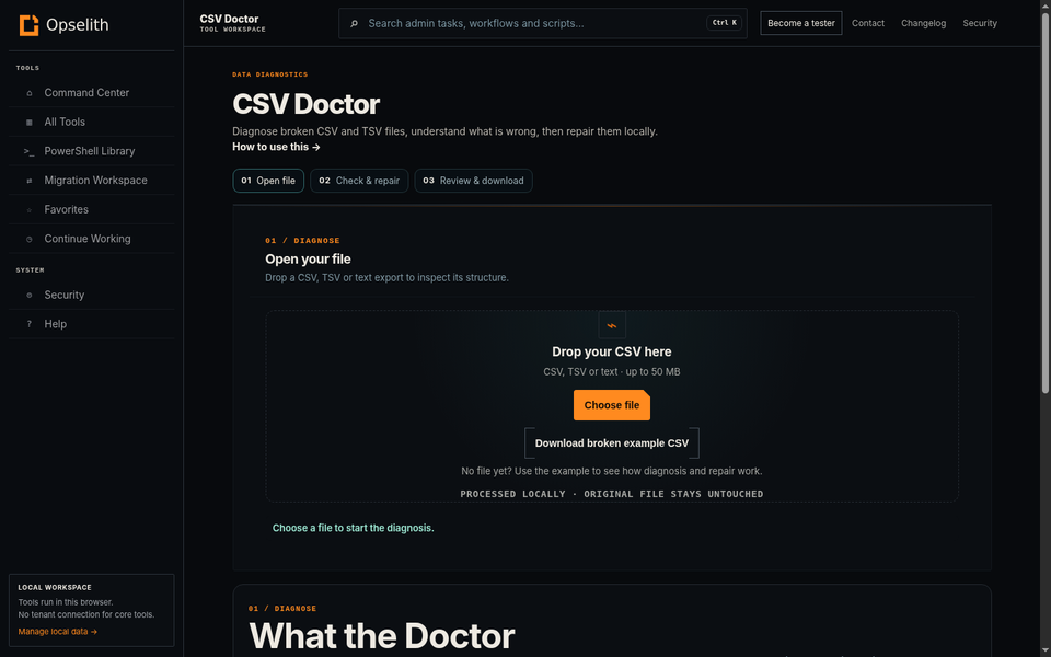 CSV Doctor showing its file check and repair workflow