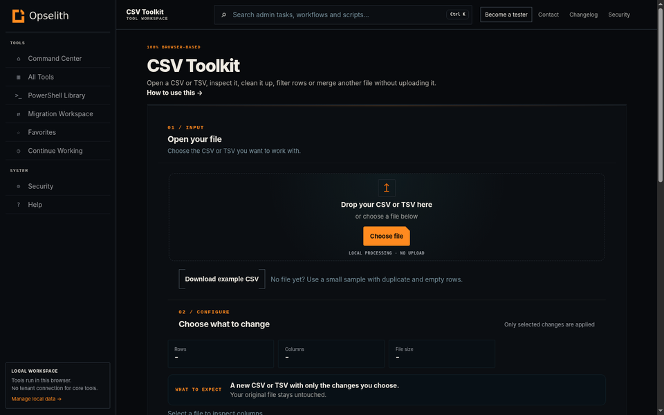 CSV Toolkit showing the file input and cleanup workspace