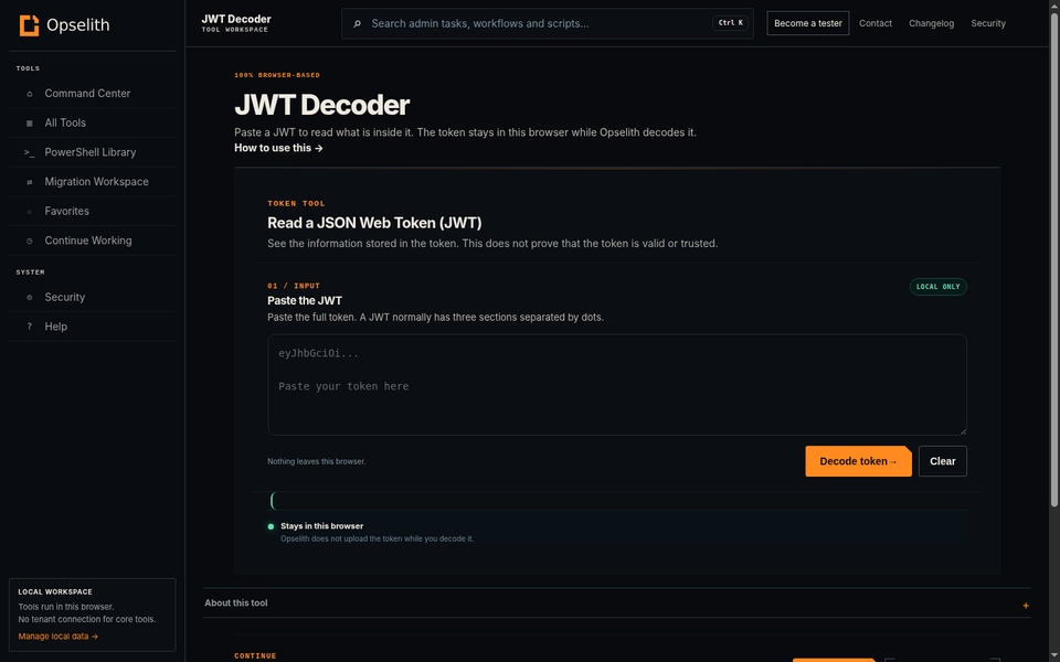 JWT Decoder showing the token input and decoded sections