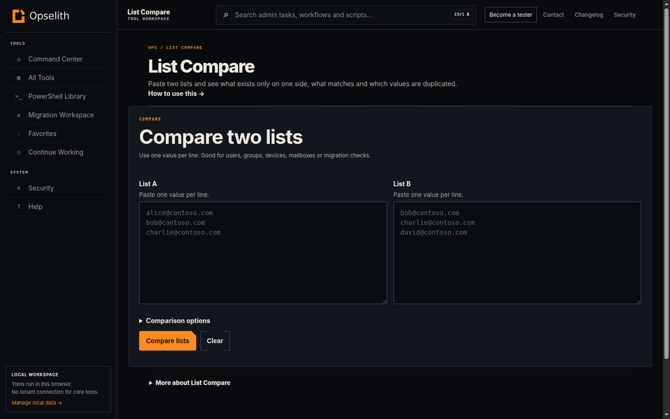 List Compare showing two list inputs and result options