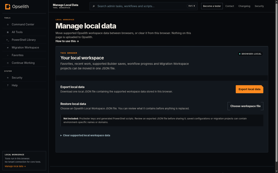 Manage Local Data showing export and restore actions