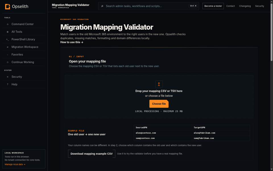 Migration Mapping Validator showing the mapping file workflow