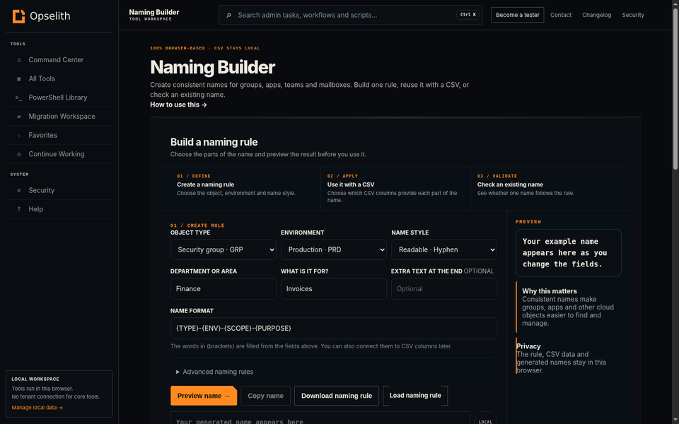 Naming Builder showing naming rule fields