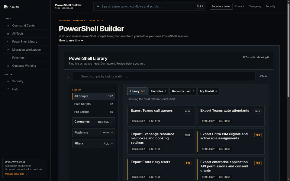 PowerShell Builder showing the PowerShell task library